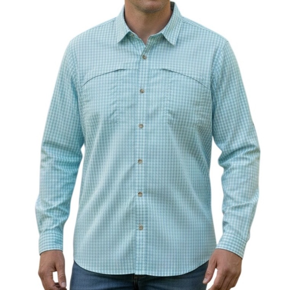 Orvis Mens XL Blue Gingham Ventilated Long Sleeve Roll‎ Tab Shirt